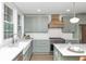 Charming kitchen features sage cabinets, a large apron sink, and a stainless steel oven at 5930 Broadway St, Indianapolis, IN 46220