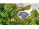 Aerial view of the property showcasing the house layout, backyard features, and the surrounding wooded area at 1066 N Dogwood Way, Greenfield, IN 46140