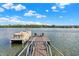 Lakeside dock with lounge chairs and a pontoon boat, offering serene water views under a clear sky at 11137 Peppermill Ln, Fishers, IN 46037