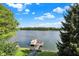 Picturesque view of a tranquil lake and private dock, framed by trees and a blue sky at 11137 Peppermill Ln, Fishers, IN 46037