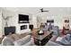 Open-concept living room featuring a fireplace, wood floors and modern furnishings at 11137 Peppermill Ln, Fishers, IN 46037