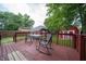 Cozy backyard wooden deck with table and chairs, perfect for outdoor relaxation and entertainment at 11218 Exchange St, Indianapolis, IN 46259