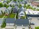 Aerial view showcasing manicured lawns and private backyard patios near local businesses and parking areas at 1610 N Alabama St, Indianapolis, IN 46202
