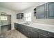 Traditional kitchen featuring a double sink, neutral countertops, and gray cabinets with ample storage at 2035 W Kessler Blvd N Dr, Indianapolis, IN 46222