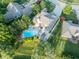 Aerial view featuring a private backyard oasis with a sparkling pool, complemented by mature trees at 2320 Whispering Way, Indianapolis, IN 46239