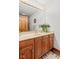 Bathroom vanity featuring wood cabinets, a mirror, and decorative plants at 2320 Whispering Way, Indianapolis, IN 46239