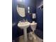 Bathroom featuring a pedestal sink, toilet, and dark blue accents at 4032 Roselawn Ave, Columbus, IN 47203