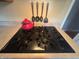 A black stovetop with a tea kettle and hanging utensils above at 4032 Roselawn Ave, Columbus, IN 47203