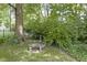 Backyard with a stone bench surrounded by lush greenery and an iron fence at 1114 Clairborne Ct, Indianapolis, IN 46280