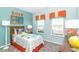 Bright, playful bedroom with dinosaur themed decor, featuring colorful accents and ample natural light from two windows at 2057 Abbey Ln, Columbus, IN 47201