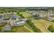 Gorgeous aerial shot of a lovely neighborhood showcasing the pool, pond, lush green spaces, and manicured lawns at 2566 Maple Creek Dr, Westfield, IN 46074