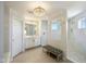 Bathroom featuring a double shower, vanity, and a stunning chandelier at 2566 Maple Creek Dr, Westfield, IN 46074