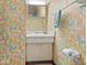 Bathroom with butterfly themed wallpaper, sink, vanity and mirror at 32 W Northeast Ct, Shelbyville, IN 46176