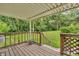 Covered wooden porch overlooking a private backyard surrounded by lush greenery at 6349 S Harding St, Indianapolis, IN 46217