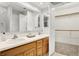 Bathroom with a dual sink vanity, wood cabinets, mirrors, and a walk-in closet at 9578 Cadbury Cir, Indianapolis, IN 46260