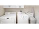 Well-equipped laundry room with modern white washer, dryer, sink, and storage at 114 Asbury Dr, Anderson, IN 46013