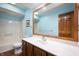 Powder blue bathroom with wooden vanity, white sink, toilet, and combined bathtub and shower at 180 Wellington Pkwy, Noblesville, IN 46060