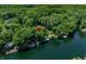 An aerial shot highlights lakefront homes with individual docks, surrounded by a canopy of lush trees at 6254 Grosbeak Ct, Nineveh, IN 46164