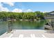 Serene lake view from the dock, featuring lush greenery and clear skies on a sunny day at 6254 Grosbeak Ct, Nineveh, IN 46164