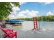 Private dock with a ladder leading to the refreshing lake, complemented by vibrant red chairs for relaxation at 6300 Grouse Dr, Nineveh, IN 46164