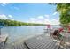 Dock with lounge chairs offering panoramic views of the serene lake and tree-lined shoreline at 6300 Grouse Dr, Nineveh, IN 46164