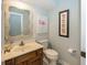 A well-lit bathroom with a light wood vanity, and decorative flamingo print at 12602 Lockerbie Cir, Carmel, IN 46033