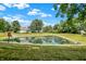 Scenic pond view with lush greenery and blue sky, reflecting the home's peaceful backyard setting at 14373 Orange Blossom Trl, Fishers, IN 46038