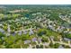 Aerial view of a residential area with tree-lined streets, well-maintained homes, and a tranquil lake nearby at 7384 Southern Lakes Dr, Indianapolis, IN 46237
