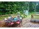 Deck with a round table, chairs, and a view of the well-maintained yard and small shed beyond at 7780 Cree Trl, Indianapolis, IN 46250