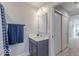 Stylish bathroom with a vanity, mirror, and blue towels at 9124 Anthem Ave, Plainfield, IN 46168