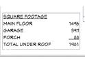 Table illustrating the square footage of the main floor, garage, porch, and total area under the roof at 2071 Friendship Dr, Paragon, IN 46166