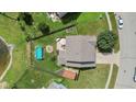 Backyard view of property with pool, fire pit, seating area, shed, and fenced yard at 3335 Hurst St, Whiteland, IN 46184