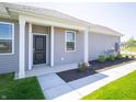 Inviting front entrance with black door, vinyl siding, and manicured landscaping at 6272 Wasco Dr, Whitestown, IN 46075