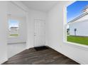 Bright entryway with dark wood-look flooring, white door and trim, and a window to the right at 4832 E Shadowbrook Dr, Camby, IN 46113
