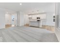 Bright open-concept living space showcases a modern kitchen with island, hardwood floors, and carpeted living room at 243 Hunters Ridge Dr, Danville, IN 46122