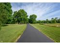 Scenic driveway framed by lush trees leading towards a tranquil pond at 3592 W Smokey Row Rd, Bargersville, IN 46106