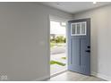 Modern gray front door with glass panels, opening to a light-filled entryway at 6322 Loraine Dr, Brownsburg, IN 46112