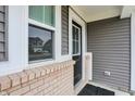Modern front door with brick accents and a side window at 6869 Orchard Run Cir, Whitestown, IN 46075