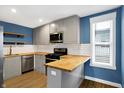 Modern kitchen with gray cabinets, butcher block counters at 837 Birch Ave, Indianapolis, IN 46221