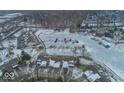 Aerial view of townhomes and frozen lake with boat slips at 8207 Shorewalk Dr, Indianapolis, IN 46236