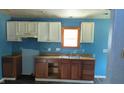 Outdated kitchen features mixed cabinetry and a stainless steel sink under a window with blue walls at 837 S Warman S Ave, Indianapolis, IN 46221