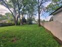 Lush backyard with a combination of grass and trees, enclosed by a wooden fence at 2317 Fowler St, Anderson, IN 46012