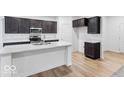 Modern kitchen featuring dark cabinets, stainless steel appliances, and a bright white island at 1020 Stonehaven Dr, Indianapolis, IN 46239