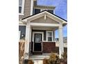 Inviting front porch with brick accents, white columns, and a stylish black front door at 2322 Dixon Creek Dr, Whitestown, IN 46075