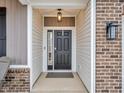 Close up of the front door with sidelight, brick accent, and modern exterior lighting at 9866 Olympic Blvd, Pendleton, IN 46064