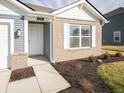 Close-up of the home's brick entryway featuring a front door, a light fixture, and professional landscaping at 1132 Fleming Dr, Greenfield, IN 46140