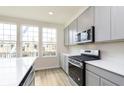 Bright kitchen featuring stainless steel appliances, gray cabinets, and a view to the construction outside at 10954 Hanovarian St, Zionsville, IN 46077
