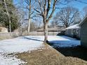 A snow-covered backyard featuring a wooden fence with a large tree in the foreground at 717 Washington Ct, Anderson, IN 46011