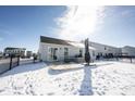 Backyard with patio and black iron fence, surrounded by snowy ground and neighboring homes at 9858 Oakmont E Dr, Pendleton, IN 46064