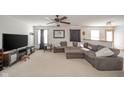 Spacious living room featuring a large sectional sofa, neutral carpeting, and abundant natural light at 5347 Rolling River Ct, Indianapolis, IN 46221